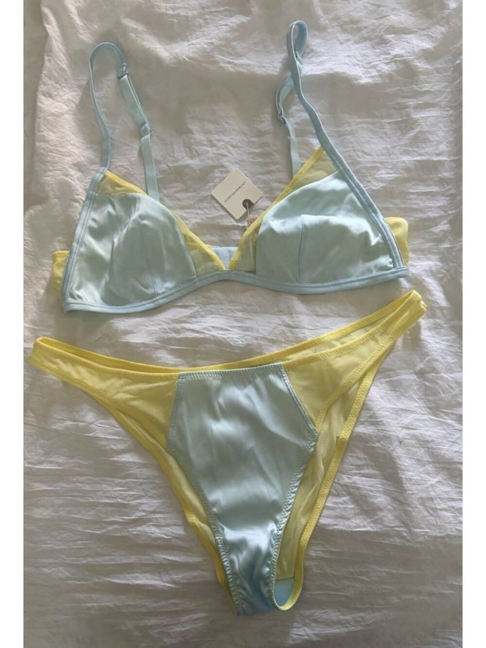 LyreBird Yellow Blue Triangle Bralette Bikini Panty Lingerie Set Size Small NWT